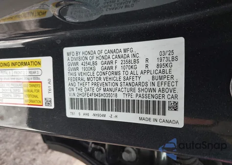 2025 Honda Civic Hybrid Sport/Sport Touring z USA, uszkodzony, nr VIN 2HGFE4F84SH335018